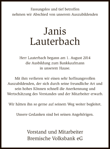 Traueranzeige von Janis Lauterbach von SYK