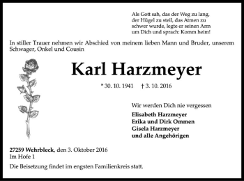 Traueranzeige von Karl Harzmeyer von SYK