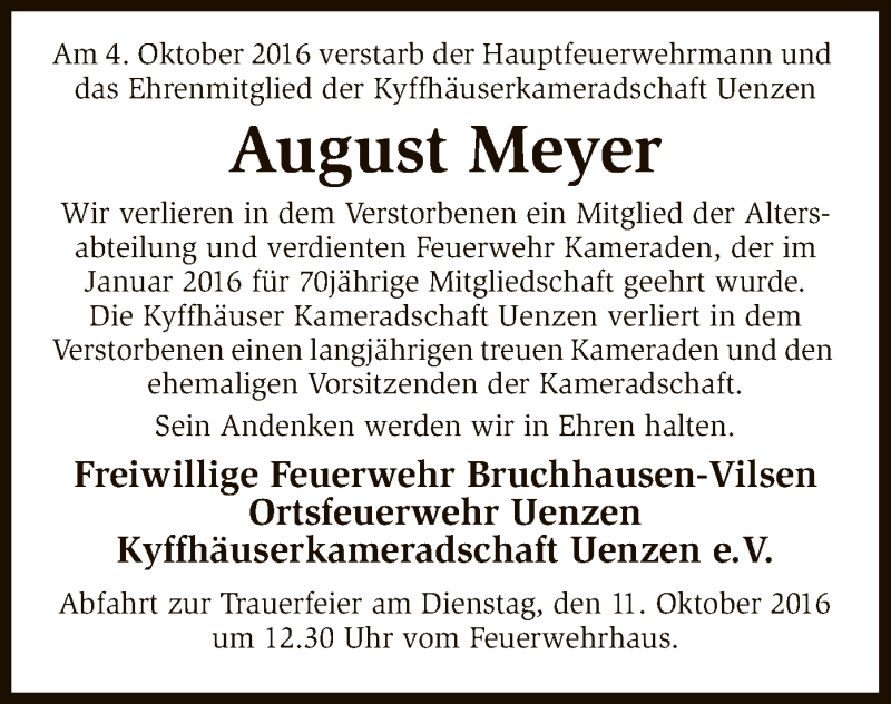 Traueranzeige für August Meyer vom 07.10.2016 aus SYK