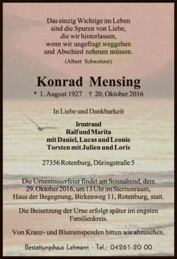 Traueranzeige von Konrad Mensing von SYK