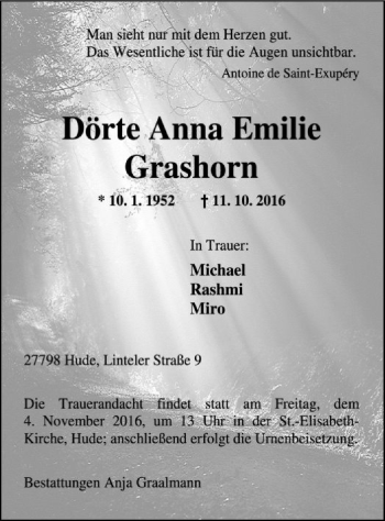 Traueranzeige von Dörte Anna Emilie Grashorn von SYK