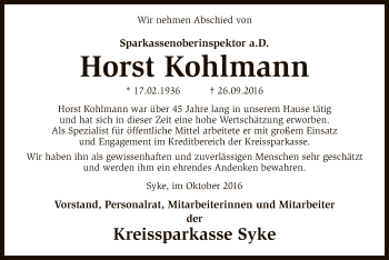 Traueranzeige von Horst Kohlmann von SYK