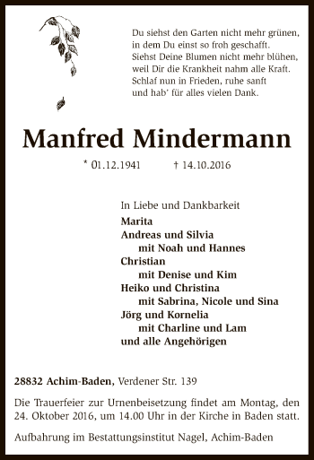 Traueranzeige von Manfred Mindermann von SYK