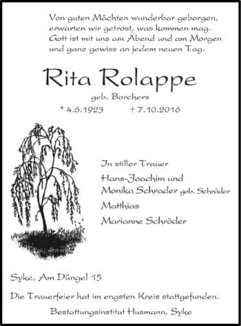 Traueranzeige von Rita Rolappe von SYK