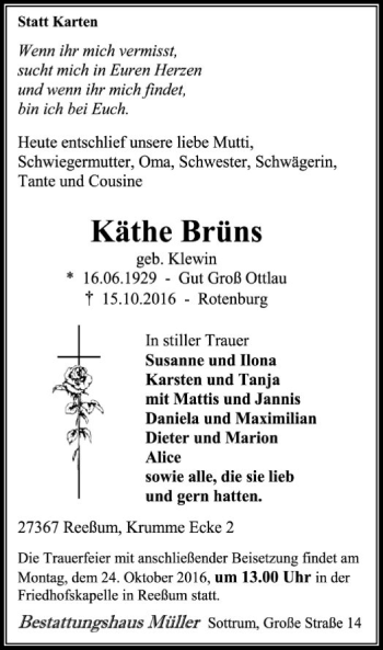 Traueranzeige von Käthe Brüns von SYK