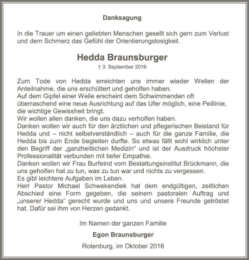 Traueranzeige von Hedda Braunsburger von SYK