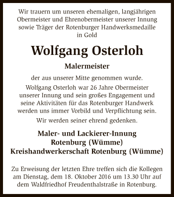Traueranzeige von Wolfgang Osterloh von SYK