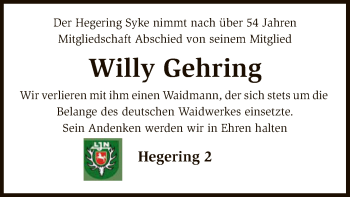 Traueranzeige von Willy Gehring von SYK