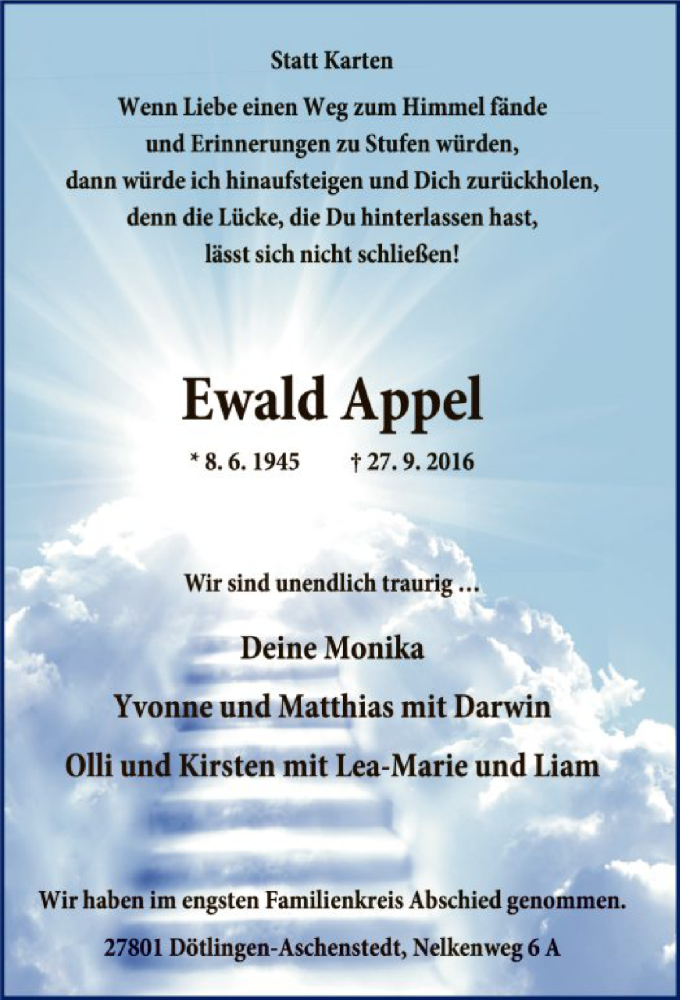  Traueranzeige für Ewald Appel vom 08.10.2016 aus SYK