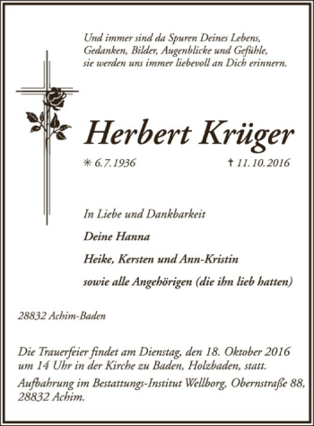 Traueranzeige von Herbert Krüger von SYK