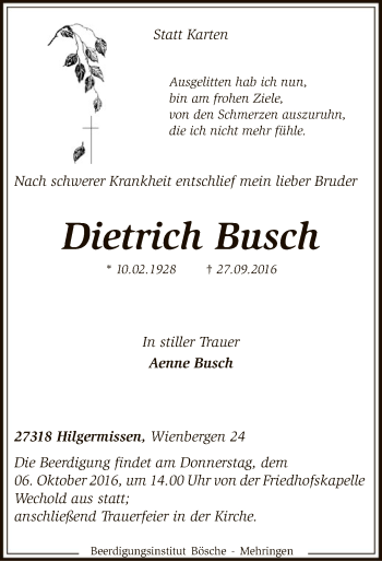 Traueranzeige von Dietrich Busch von SYK