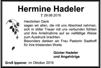 Traueranzeige von Hermine Hadeler von SYK