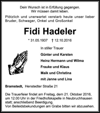 Traueranzeige von Fidi Hadeler von SYK