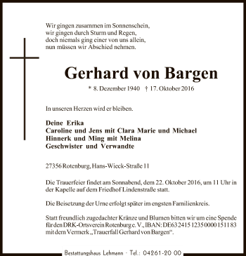 Traueranzeige von Gerhard von Bargen von SYK