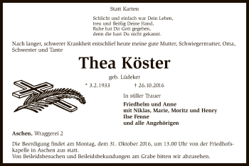 Traueranzeige von Thea Köster von SYK