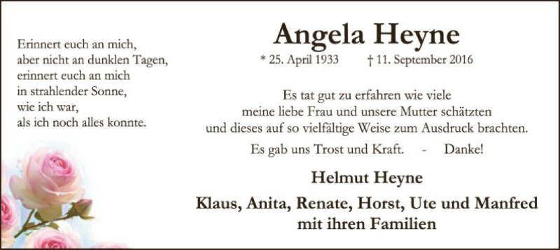  Traueranzeige für Angela Heyne vom 15.10.2016 aus SYK