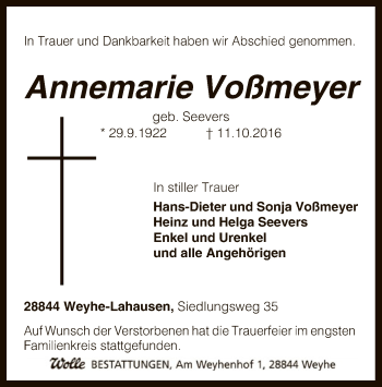 Traueranzeige von Annemarie Voßmeyer von SYK