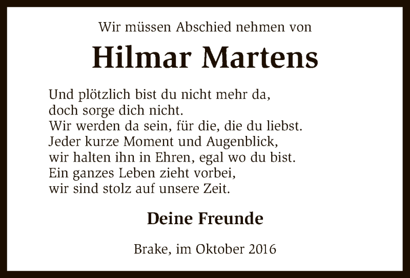  Traueranzeige für Hilmar Martens vom 08.10.2016 aus SYK