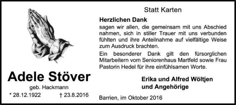  Traueranzeige für Adele Stöver vom 01.10.2016 aus SYK