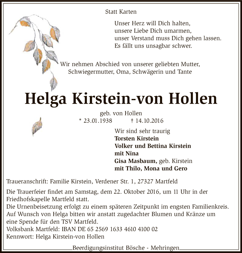  Traueranzeige für Helga  Kirstein-von Hollen vom 18.10.2016 aus SYK