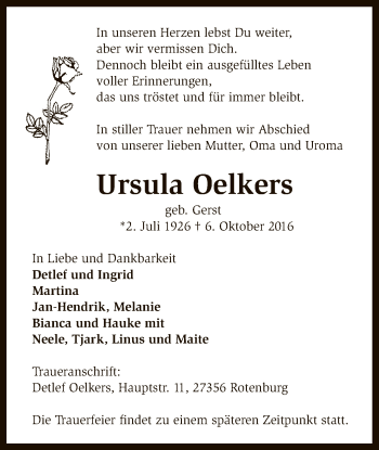 Traueranzeige von Ursula Oelkers von SYK