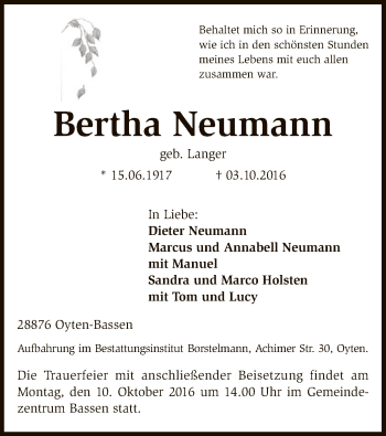 Traueranzeige von Bertha Neumann von SYK