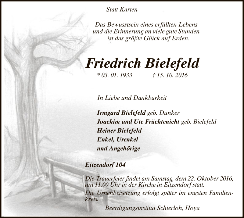  Traueranzeige für Friedrich Bielefeld vom 19.10.2016 aus SYK