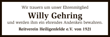 Traueranzeige von Willy Gehring von SYK