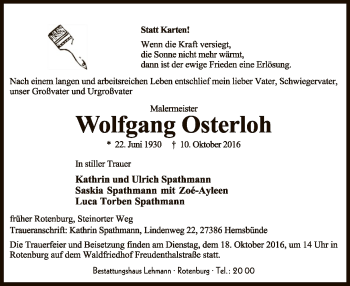 Traueranzeige von Wolfgang Osterloh von SYK