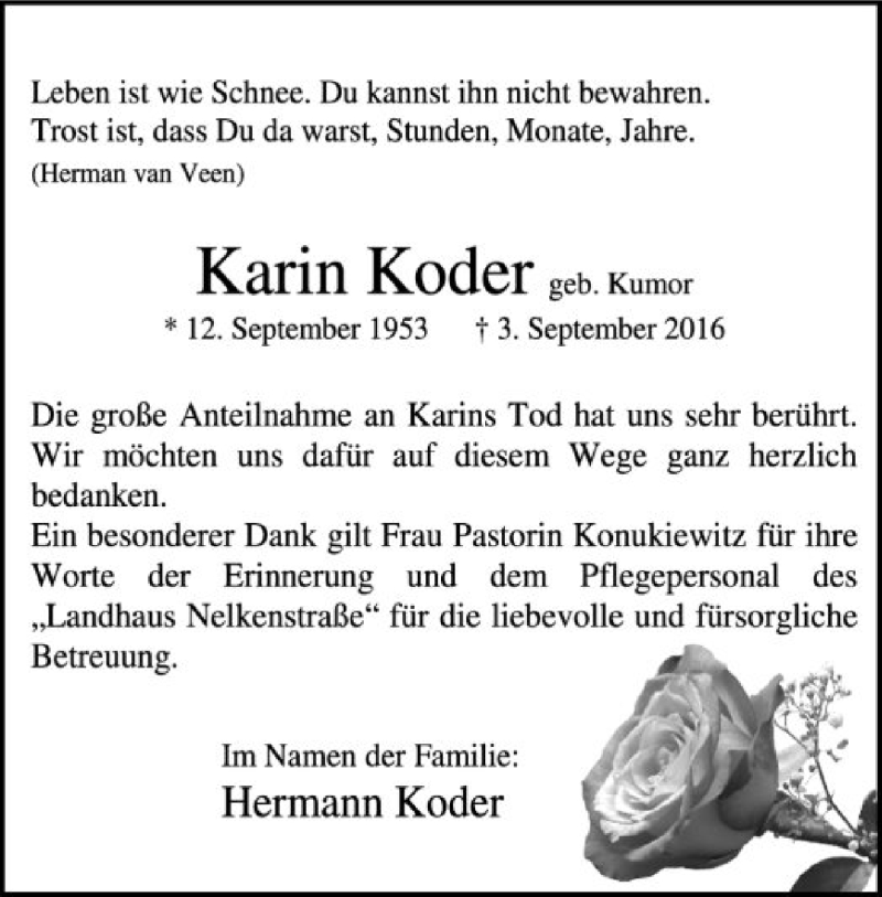  Traueranzeige für Karin Koder vom 08.10.2016 aus SYK