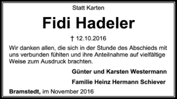 Traueranzeige von Fidi Hadeler von SYK