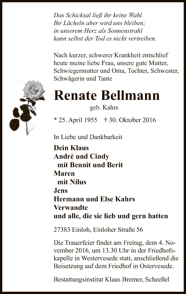  Traueranzeige für Renate Bellmann vom 01.11.2016 aus SYK