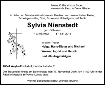 Traueranzeige von Sylvia Nienstedt von SYK