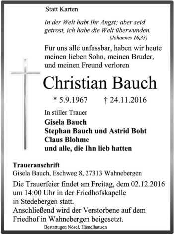 Traueranzeige von Christian Bauch von SYK