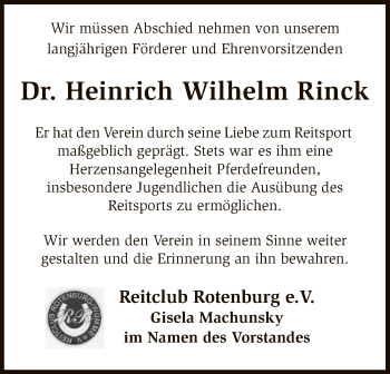 Traueranzeige von Heinrich Wilhelm Rinck von SYK