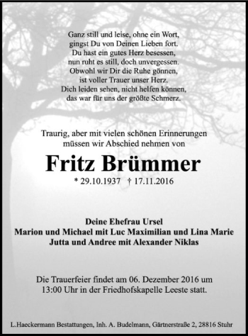 Traueranzeige von Fritz Brümmer von SYK