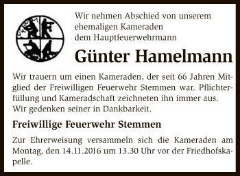 Traueranzeige von Günter Hamelmann von SYK