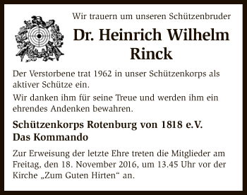 Traueranzeige von Heinrich Wilhelm Rinck von SYK