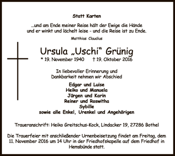 Traueranzeige von Ursula Grünig von SYK