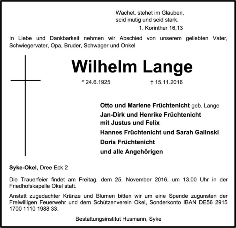  Traueranzeige für Wilhelm Lange vom 19.11.2016 aus SYK