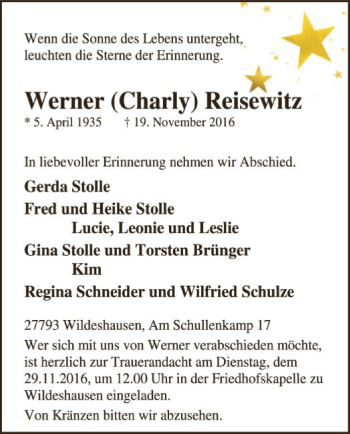 Traueranzeige von Werner Reisewitz von SYK