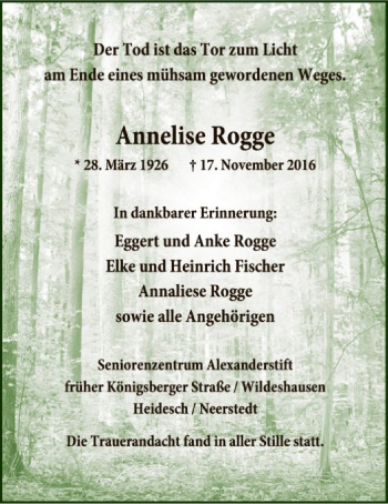 Traueranzeige von Annelise Rogge von SYK