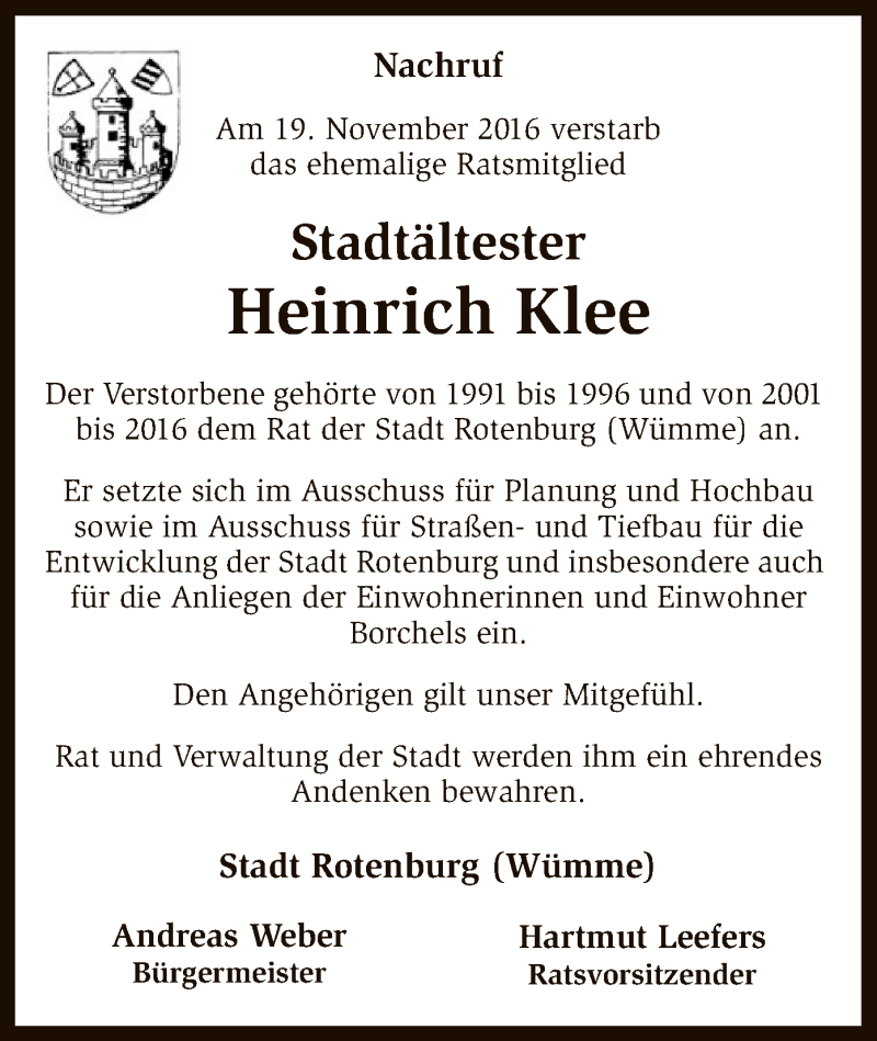  Traueranzeige für Heinrich Klee vom 22.11.2016 aus SYK