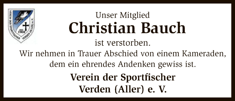  Traueranzeige für Christian Bauch vom 30.11.2016 aus SYK