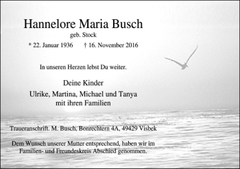 Traueranzeige von Hannelore Maria Busch von SYK