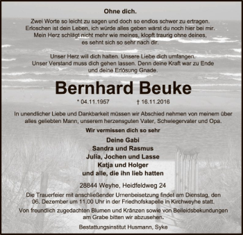 Traueranzeige von Bernhard Beuke von SYK