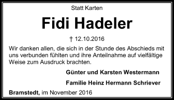 Traueranzeige von Fidi Hadeler von SYK