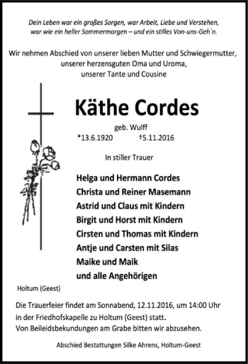 Traueranzeige von Käthe Cordes von SYK