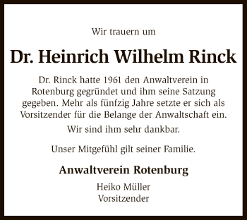 Traueranzeige von Heinrich Wilhelm Rinck von SYK