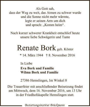 Traueranzeige von Renate Bork von SYK